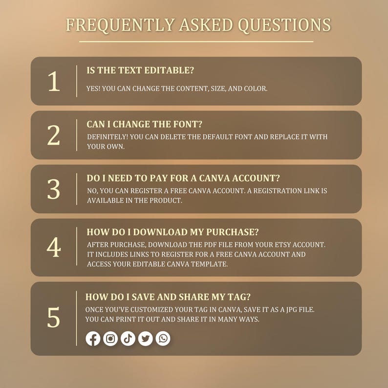 May include: A graphic with the title "FREQUENTLY ASKED QUESTIONS" and numbered questions about editing text, changing fonts, Canva accounts, downloading purchases, and saving tags. The background is a gradient of brown and beige.