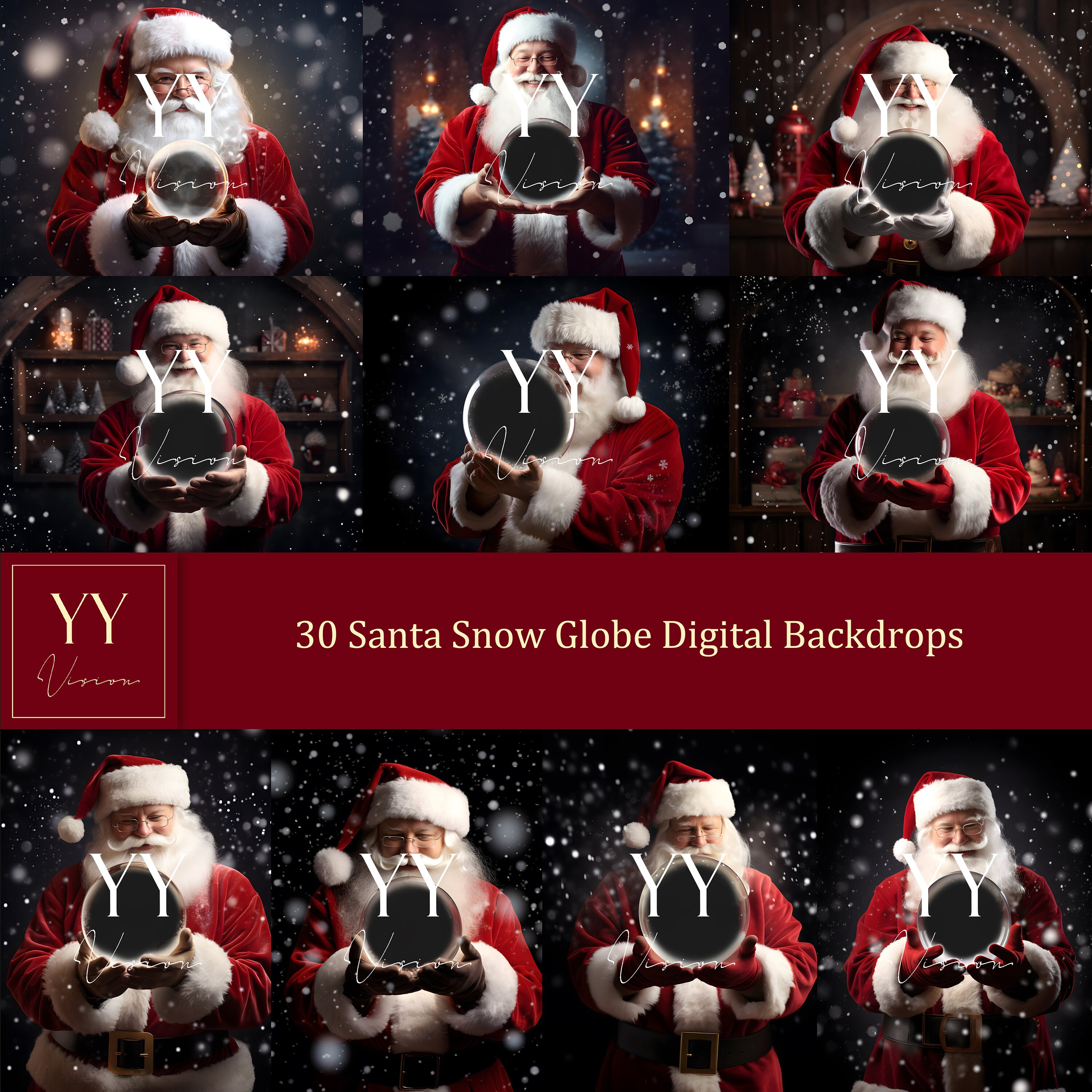 30 Santa Holding Snow Globe Digital Backdrops Sets for Christmas Gift
