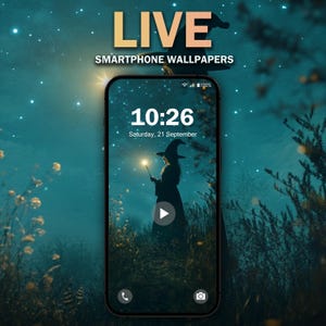 May include: A smartphone screen displaying a live wallpaper with a silhouette of a witch holding a glowing wand in a dark forest setting. The time is 10:26 and the date is Saturday, 21 September. The wallpaper is animated and features a play button in the center of the screen.