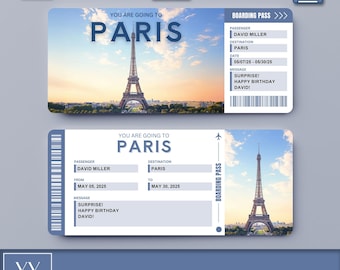 May include: A printable digital boarding pass with a photo of the Eiffel Tower in Paris, France. The boarding pass is blue and white and says "You are going to Paris" and "Boarding Pass".