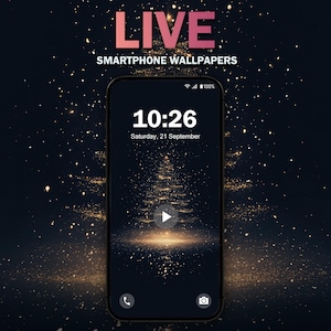 May include: A smartphone displaying a live wallpaper with a sparkling gold tree on a black background. The time is 10:26 and the date is Saturday, 21 September. The phone has a call and camera icon at the bottom.