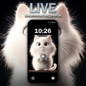 May include: A white cat with big eyes is peeking out from the side of a smartphone screen. The screen shows a live wallpaper of a white kitten holding a cup of coffee. The time on the screen is 10:26 and the date is Saturday, 21 September. The text "LIVE SMARTPHONE WALLPAPERS" is displayed at the top of the screen.