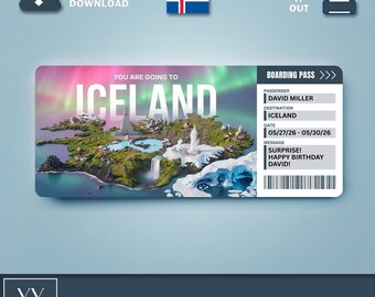 Printable ICELAND Surprise Ticket | Editable Boarding Pass | Vacation Gift | Customizable Digital Trip Ticket for Any Occasion