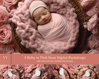 4 Baby in Pink Rose Digital Backdrops Sets for Newborn Baby Photography Fine Arts Studio Photoshop Background Face Insert