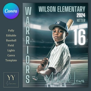 Pu&ograve; includere: Un giocatore di baseball con una maglia a righe e un berretto da baseball tiene una mazza davanti a uno stadio. Il testo "WARRIORS" &egrave; sul lato sinistro dell'immagine. Il testo "WILSON ELEMENTARY" &egrave; nella parte superiore dell'immagine. Il testo "2024 HITTER" &egrave; sul lato destro dell'immagine. Il testo "16" &egrave; nell'angolo in basso a destra dell'immagine. Il testo "Michael Lewis" &egrave; nella parte inferiore dell'immagine.