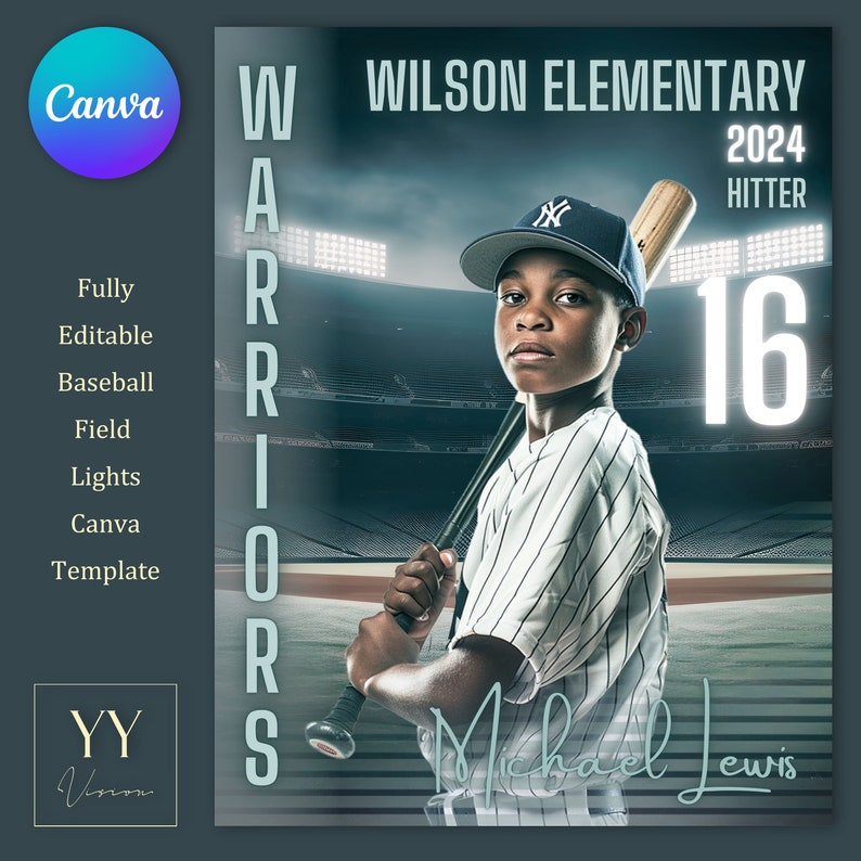 Pu&ograve; includere: Un giocatore di baseball con una maglia a righe e un berretto da baseball tiene una mazza davanti a uno stadio. Il testo "WARRIORS" &egrave; sul lato sinistro dell'immagine. Il testo "WILSON ELEMENTARY" &egrave; nella parte superiore dell'immagine. Il testo "2024 HITTER" &egrave; sul lato destro dell'immagine. Il testo "16" &egrave; nell'angolo in basso a destra dell'immagine. Il testo "Michael Lewis" &egrave; nella parte inferiore dell'immagine.