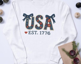 Floral USA Png, Retro America Sublimacja, 4 lipca Kokietka Projekt, Dziewczęca Patriotyczna Sztuka, Dzień Pamięci, Cottagecore America Png V8