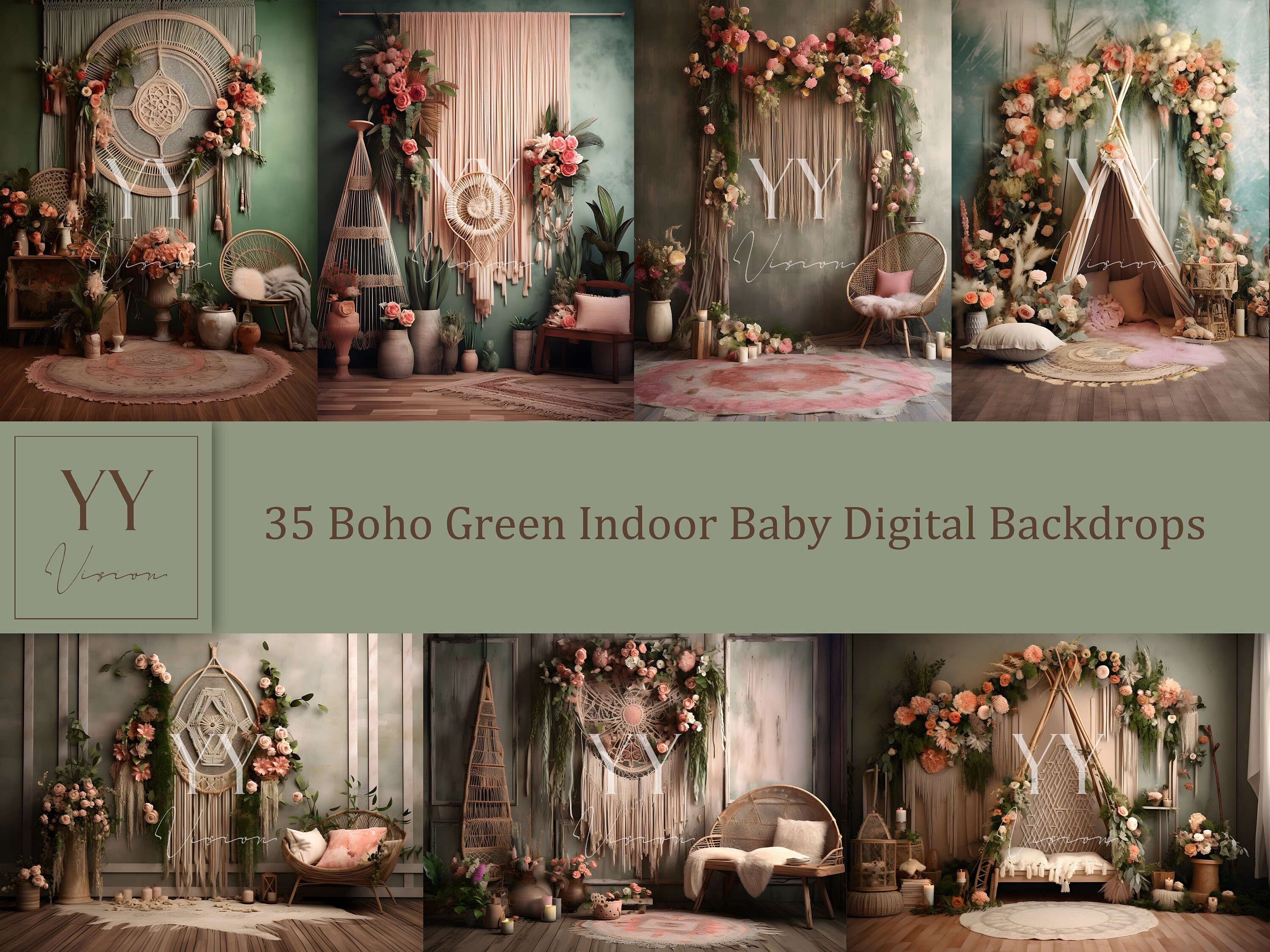 35 Boho Green Indoor Baby Digital Backdrops Sets Maternity Studio ...