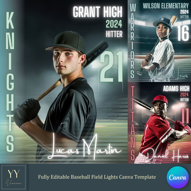 Pu&ograve; includere: Un modello Canva di luci per campi da baseball con tre giocatori di baseball. Il primo giocatore indossa una maglia nera con il testo "Lucas Martin" e il numero "21". Il secondo giocatore indossa una maglia bianca e nera con il testo "Michael Lewis" e il numero "16". Il terzo giocatore indossa una maglia rossa con il testo "Daniel Harris" e il numero "11".