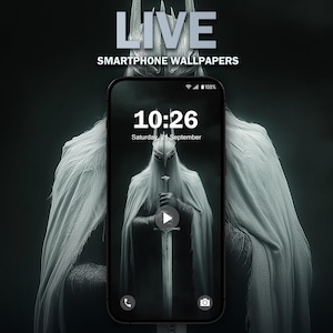 May include: A smartphone displaying a live wallpaper of a figure in a white hooded cloak holding a sword. The time is 10:26 and the date is Saturday, 21 September.
