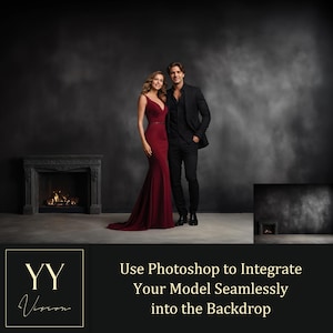 May include: A couple poses in front of a dark gray backdrop with a fireplace in the background. The woman is wearing a long, red dress and the man is wearing a black suit. The text "Use Photoshop to Integrate Your Model Seamlessly into the Backdrop" is at the bottom of the image.