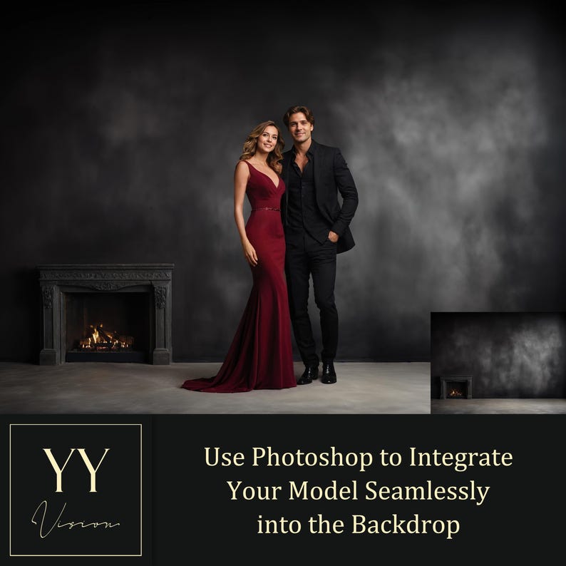 May include: A couple poses in front of a dark gray backdrop with a fireplace in the background. The woman is wearing a long, red dress and the man is wearing a black suit. The text "Use Photoshop to Integrate Your Model Seamlessly into the Backdrop" is at the bottom of the image.