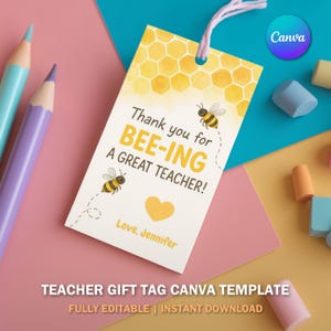Bedankt dat je een geweldige leraar bent Tag | Bewerkbaar cadeaulabel voor leraar | Waardering aan het einde van het jaar | Afdrukbare canva-sjabloon downloaden V3