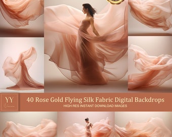 40 digitala bakgrundsset i roséguldfärgat flygande sidentyg för gravidfotografering, konststudio, Photoshop-bakgrund