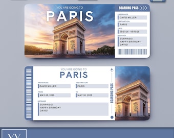 May include: A printable boarding pass ticket with a photo of the Eiffel Tower in Paris, France. The ticket says "You are going to Paris" and has a message that says "Surprise! Happy Birthday David!"