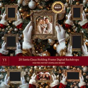 Op de afbeelding: Twintig digitale achtergronden met een kerstman die een gouden, versierde fotolijst vasthoudt tegen een kerstboom achtergrond. De lijst is leeg en klaar voor uw foto's.