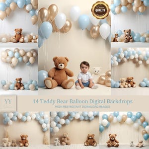 14 set di fondali digitali blu con orsacchiotti e palloncini, per neonati, torte, maternità, fotografia, belle arti, studio, sovrapposizione Photoshop