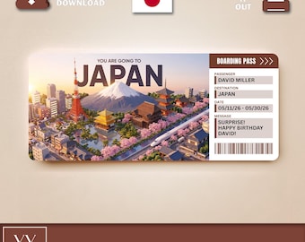 May include: A digital surprise trip gift ticket to Japan featuring a graphic of Mount Fuji, Tokyo Tower, and cherry blossoms. The boarding pass section includes text for passenger David Miller, destination Japan, dates 05/11/26-05/30/26, and a birthday message.