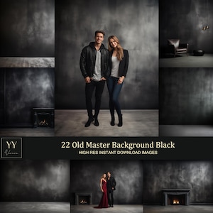 May include: A collage of images featuring a dark gray textured background with a couple standing in front of it, a fireplace with a fire, and a dark brown leather armchair. The text "22 Old Master Background Black" and "HIGH RES INSTANT DOWNLOAD IMAGES" is displayed at the bottom of the collage.