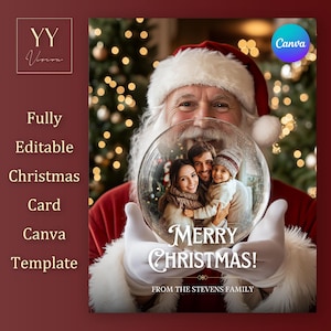 Christmas Santa Holding Globe V1 Canva-sjabloon V5 met handleidingen voor gepersonaliseerd cadeau Bewerkbare afdrukbare kerstkaart Social Media Post