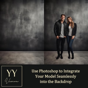 May include: A couple poses in front of a dark gray textured backdrop. The man is wearing a black leather jacket, a black t-shirt, and dark blue jeans. The woman is wearing a white t-shirt, a black blazer, and dark blue jeans. The text "Use Photoshop to Integrate Your Model Seamlessly into the Backdrop" is displayed below the image.