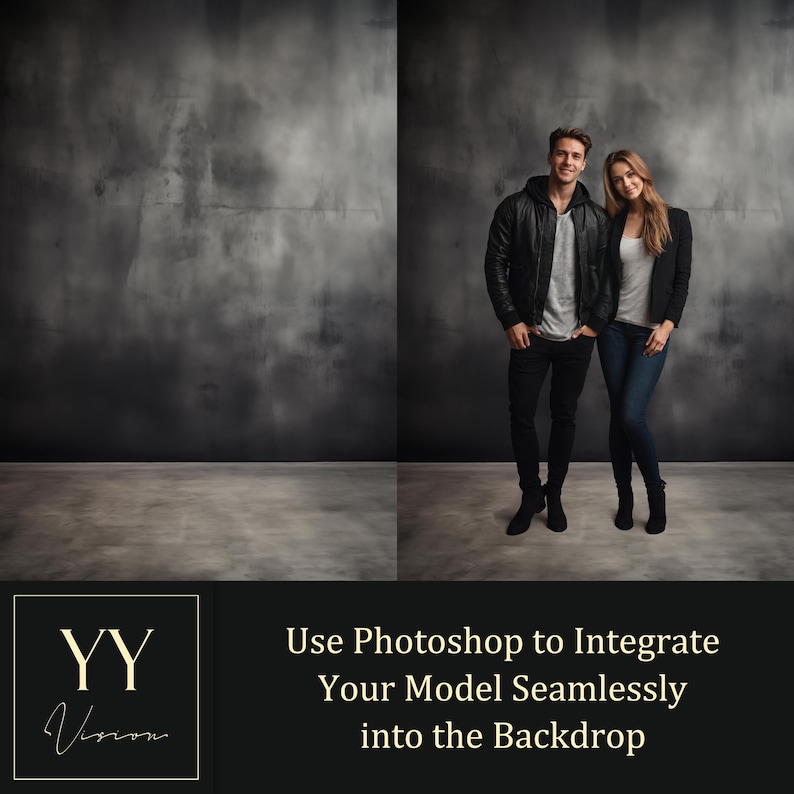 May include: A couple poses in front of a dark gray textured backdrop. The man is wearing a black leather jacket, a black t-shirt, and dark blue jeans. The woman is wearing a white t-shirt, a black blazer, and dark blue jeans. The text "Use Photoshop to Integrate Your Model Seamlessly into the Backdrop" is displayed below the image.