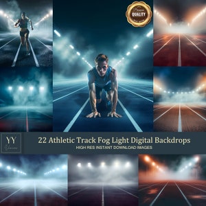 May include: A set of 22 digital backdrops featuring an athletic track with fog and light. The backdrops are high resolution and perfect for creating realistic sports scenes.