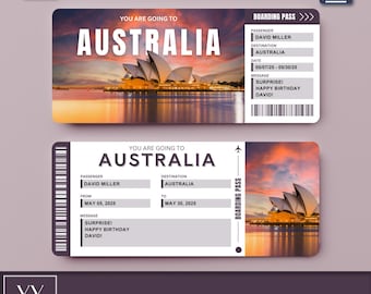May include: A printable digital boarding pass with a photo of the Sydney Opera House. The pass is designed to look like a real airline boarding pass and includes the text "You are going to Australia" and "Boarding Pass".