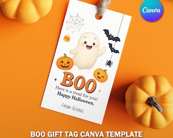 May include: A white Halloween gift tag with a ghost, pumpkins, bats, and spider illustrations. The tag reads "BOO" and "Here is a treat for you! Happy Halloween." The tag is on an orange background with two pumpkins.