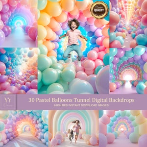 May include: 30 digital backdrops featuring pastel colored balloon tunnels. The backdrops are high resolution and perfect for photography or graphic design projects.