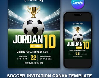 Może przedstawiać: Szablon zaproszenia na urodziny o tematyce piłkarskiej. Projekt przedstawia piłkę nożną zwieńczoną złotym trofeum, z napisem "JORDAN 10" dużymi żółtymi literami. Zaproszenie zawiera szczegóły wydarzenia i logo Canva.