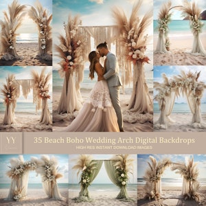 35 Boho Arco de Casamento na Praia Conjuntos de Cenários Digitais Fotografia de Maternidade Casamento Dia dos Namorados Fundo Photoshop sobreposição