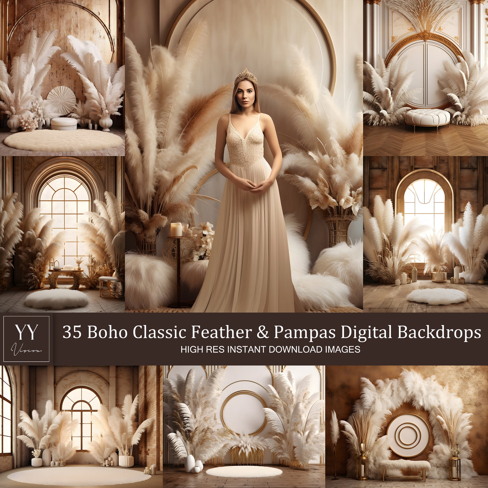 35 Boho Classic Feather Pampas Grass Digital Backdrops Sets for ...