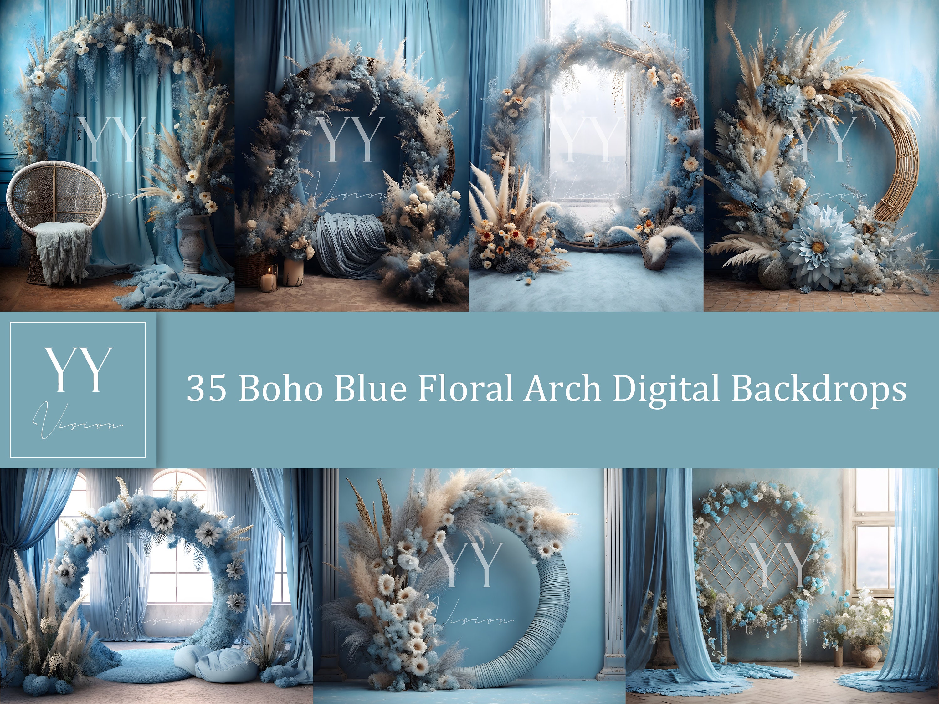 35 Boho Blue Floral Arch Digital Backdrop Sets for Maternity Wedding ...