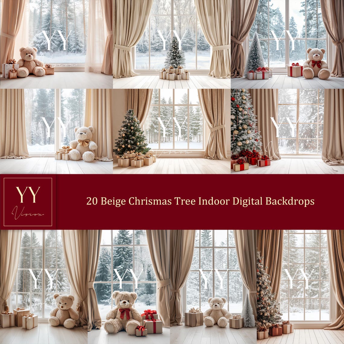 20 Beige Christmas Indoor Digital Backdrops Sets for Christmas Family ...