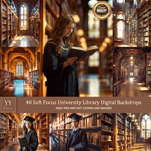 May include: 40 digital backdrops featuring a soft focus effect of a university library. The backdrops are high resolution and perfect for graduation photos, senior portraits, or other special occasions.