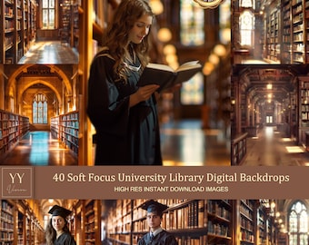 Może przedstawiać: 40 cyfrowych tła z efektem rozmycia o miękkim skupieniu biblioteki uniwersyteckiej. Tła są w wysokiej rozdzielczości i idealne do zdjęć z okazji ukończenia studiów, portretów seniorów lub innych specjalnych okazji.