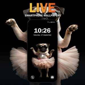 May include: A live phone wallpaper featuring a pug wearing sunglasses and a pink tutu, dancing on a black background. The phone screen displays the time 10:26 and the date Saturday, 21 September.
