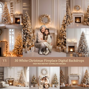 Könnte beinhalten: Ein Set mit 30 digitalen Hintergründen mit weißen Weihnachtskaminen und geschmückten Weihnachtsbäumen. Die Hintergründe sind in hoher Auflösung und perfekt für die Erstellung festlicher Fotos.