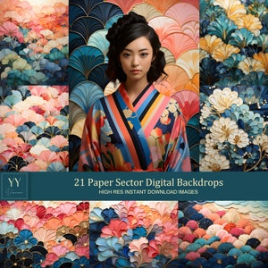 Könnte beinhalten: Eine Collage aus 21 digitalen Hintergründen mit filigranen Papierschnitten in Blau-, Rosa- und Goldtönen. Die Hintergründe zeigen stilisierte Blumen und geometrische Muster.