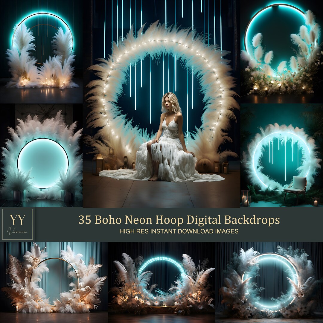 35 Boho Neon Ring Digital Backdrops Sets for Mystical Photography ...