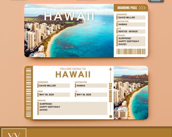 May include: A printable digital gift ticket for a trip to Hawaii. The ticket is designed to look like a boarding pass with a picture of a beach in Hawaii. The text on the ticket says "You are going to Hawaii" and "Surprise! Happy Birthday David!"
