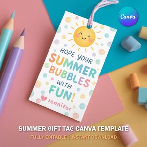 Etiqueta de regalo de verano PNG, imprimible "Que tengas un verano genial", etiqueta de fin de año con arcoíris y sol, etiqueta editable para profesor/a y alumno (V6)