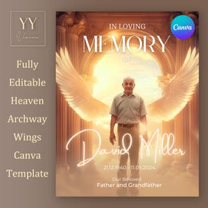 May include: A memorial template with a golden archway and wings, featuring a photo of a man in a light blue shirt and khaki trousers. The text "IN LOVING MEMORY OF David Miller 21.12.1940 - 11.05.2024 Our Beloved Father and Grandfather" is displayed on the template.