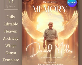 Plantilla de Canva Heaven Arch Wings con tutorial para carteles In Loving Memory Retratos conmemorativos Color de texto de fondo editable y personalizable