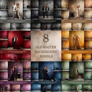 Può includere: Una collezione di 8 sfondi digitali "Old Master Background Bundle". Ogni sfondo presenta un muro strutturato con un camino e una coppia in abiti formali. I colori includono grigio scuro, nero, beige, rosso scuro, oro, viola, blu navy e verde tenue.