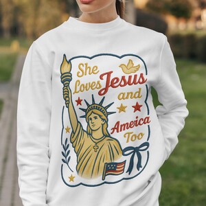 She Loves Jesus and America PNG, Christian Patriotic Woman Design, Retro Liberty and Cross Sublimation, Faith and Freedom USA Graphic V3