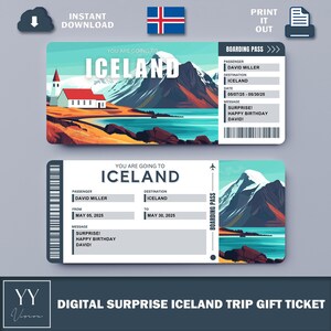 May include: A printable digital gift ticket for a trip to Iceland. The ticket features a colourful illustration of a mountain range, a church, and a body of water. The text on the ticket reads "You are going to Iceland" and "Boarding Pass".