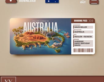 Może przedstawiać: Cyfrowy bilet prezentowy na podróż do Australii z ilustracją australijskiego krajobrazu. Bilet zawiera dane pasażera, miejsce docelowe, datę i wiadomość urodzinową. Widoczny jest tekst "YOU ARE GOING TO AUSTRALIA".