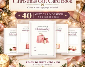 May include: A Christmas Gift Card Book digital file set featuring 40 gift card designs. The pages include text such as A little book of Christmas Joy, with illustrations of shopping bags, gifts, candles, and books. Dimensions are 5 x 7 inches.